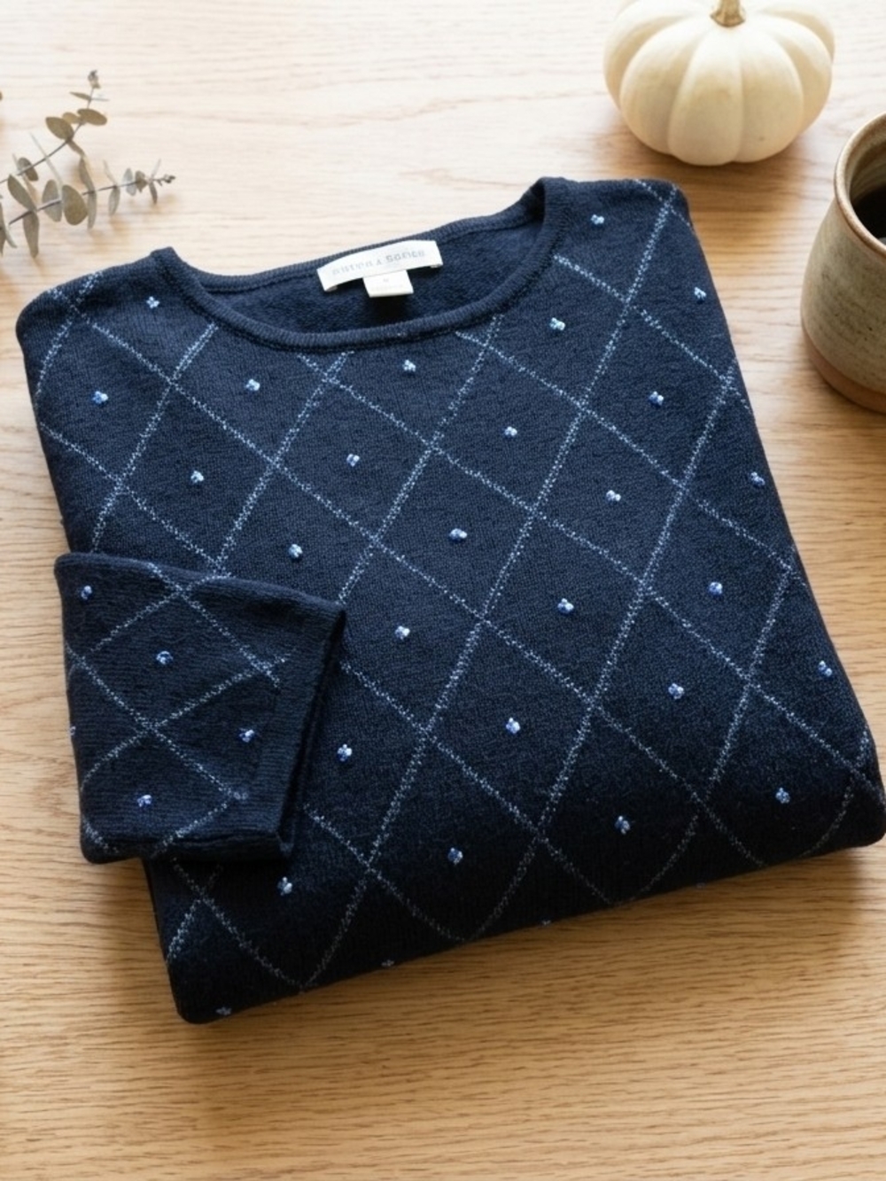 Women's Black with Blue Diamond-Point Crewneck Sweater